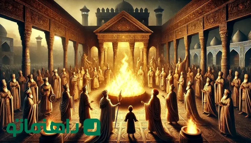 DALL·E 2025-01-29 12.14.56 - An artistic representation showcasing ancient Persian beliefs in fire and its role in cultural practices. The image includes a large fire altar with r